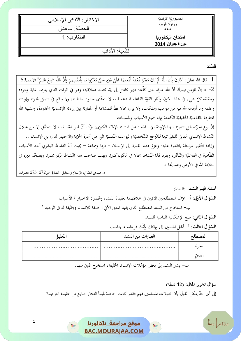 Corrigé principale pense_islam Bac 2014 – Section lettre